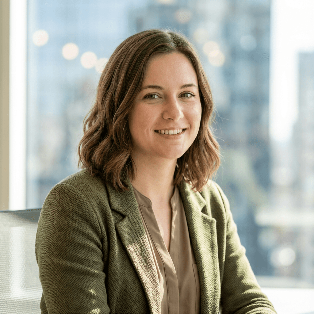 Sarah Mitchell, a wellness client in her late 30s, smiling gently in natural light