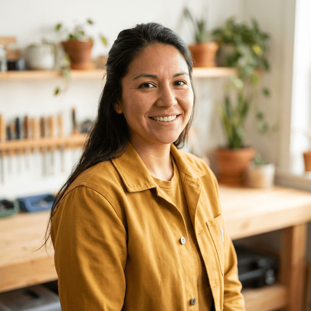 Emily Rodriguez, a wellness client in her early 30s, smiling warmly