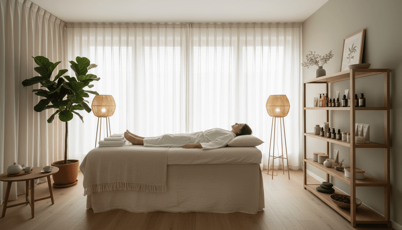 Warm minimalist wellness space in Toronto with calm neutral tones and a neatly arranged treatment table