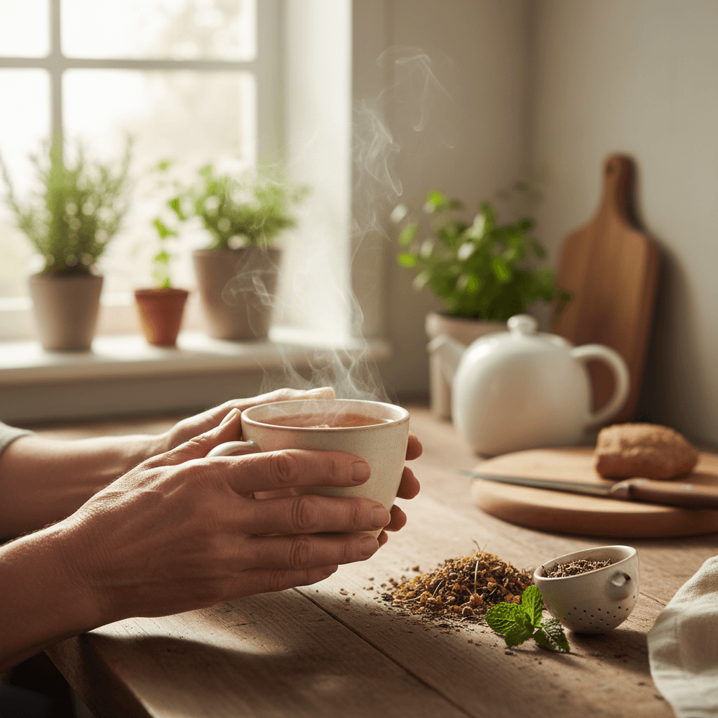 Cupped hands holding a warm mug of herbal tea