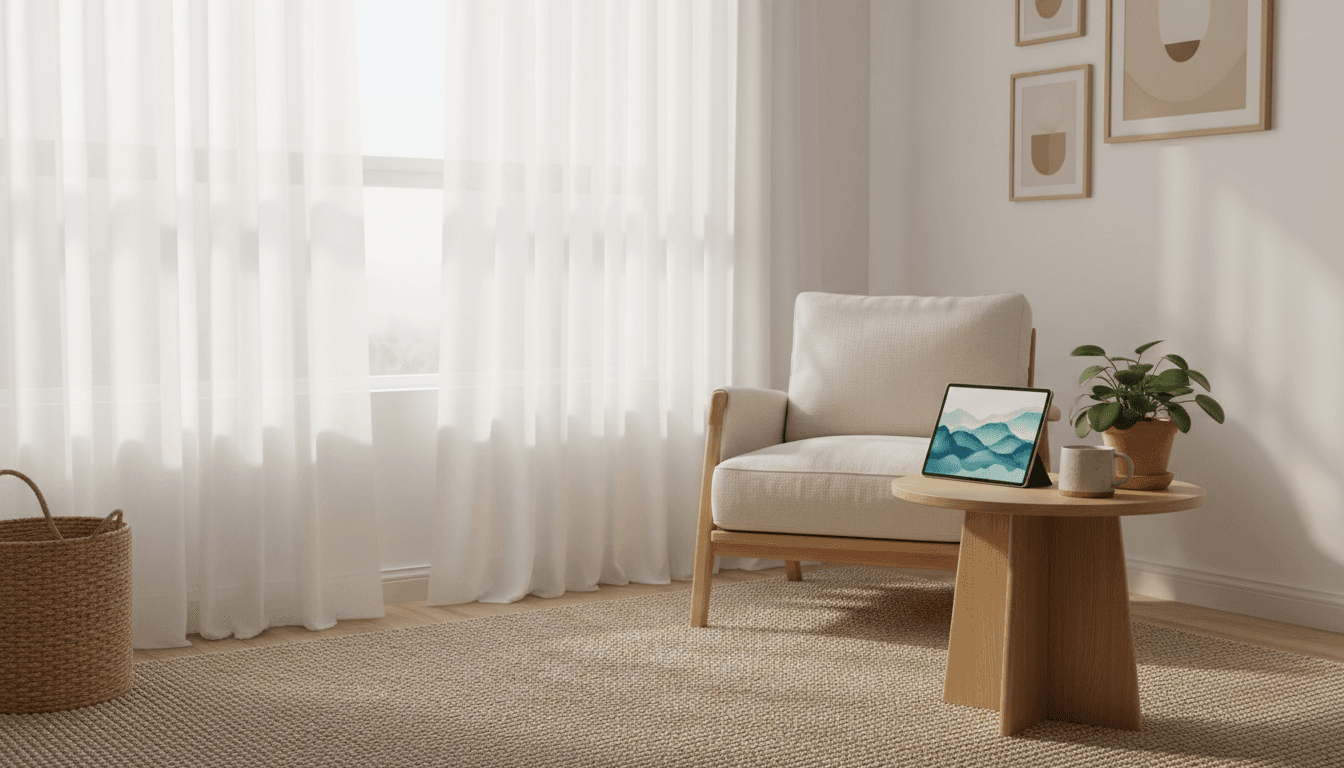 A calm corner of the wellness center with a comfortable chair, soft pillows, and a small plant beside a window with sheer curtains