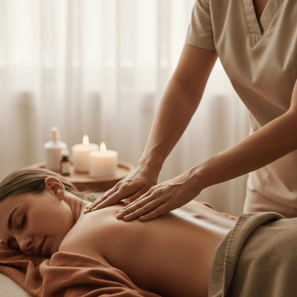 A therapist's hands gently massaging a client's shoulders during a relaxing wellness session